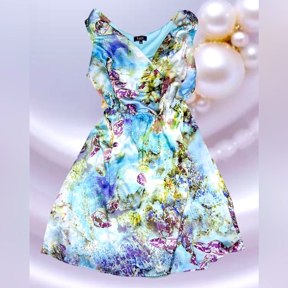 Floral Pastel Blue & Purple Watercolor Sleeveless Mini Dress